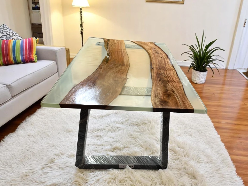 Dark Wooden Dining Table with Clear Epoxy Resin - High Gloss Finish